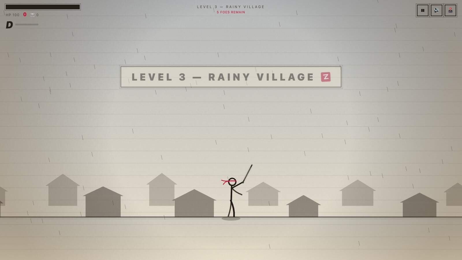 Combat in the rain-soaked village level with weather and silhouettes drawn in code