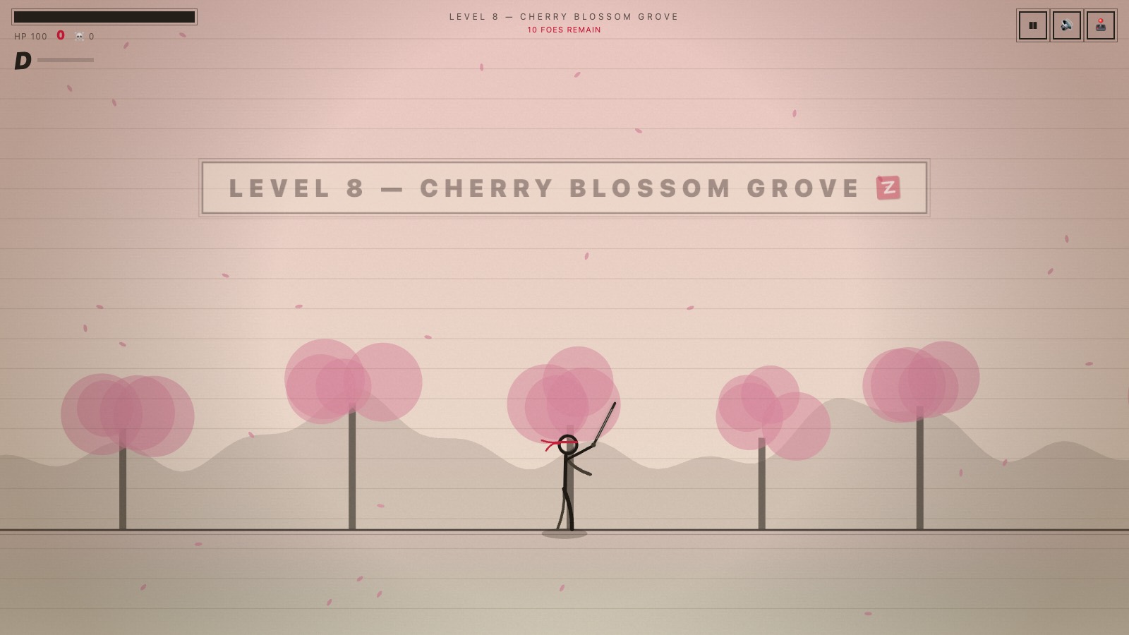 A duel in the sakura grove at dusk with petals drifting on the wind