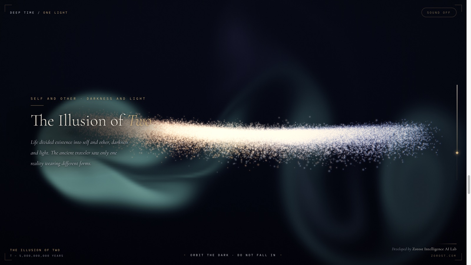 A stream of particles crossing the frame, gold on the left and blue on the right, beside the heading The Illusion of Two