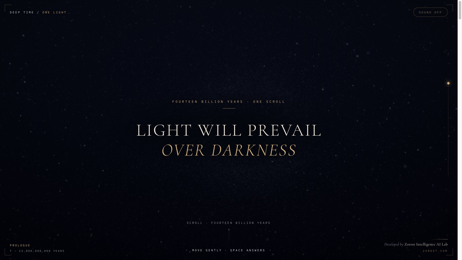 The opening scene of The Pupil, reading LIGHT WILL PREVAIL OVER DARKNESS over a deep star field