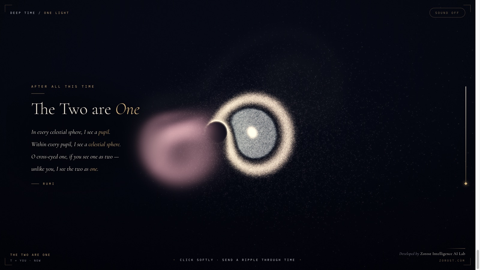 The closing scene with four lines of Rumi in italic serif beside a golden ring of particles
