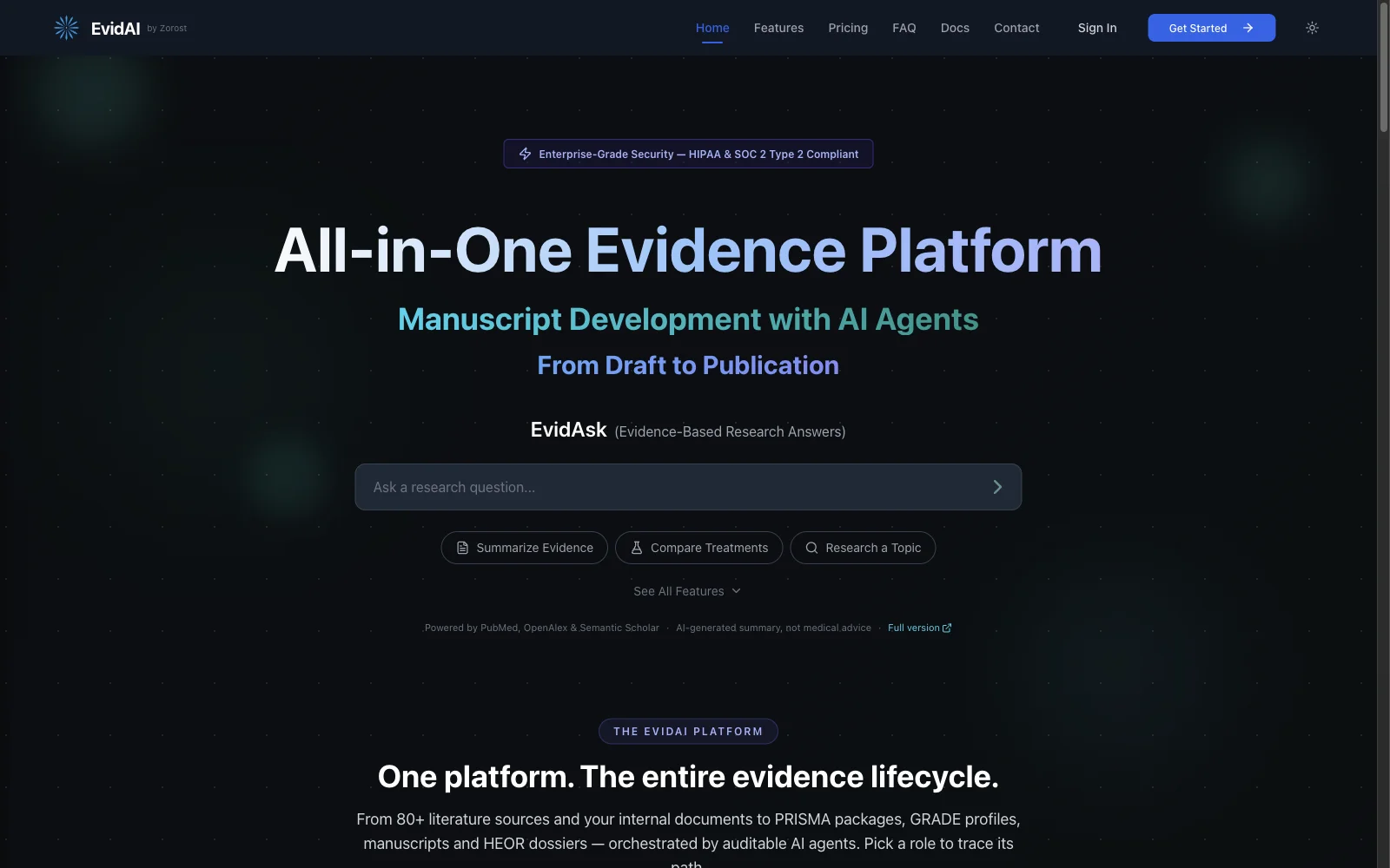 EvidAI platform: all-in-one evidence platform with EvidAsk research answers