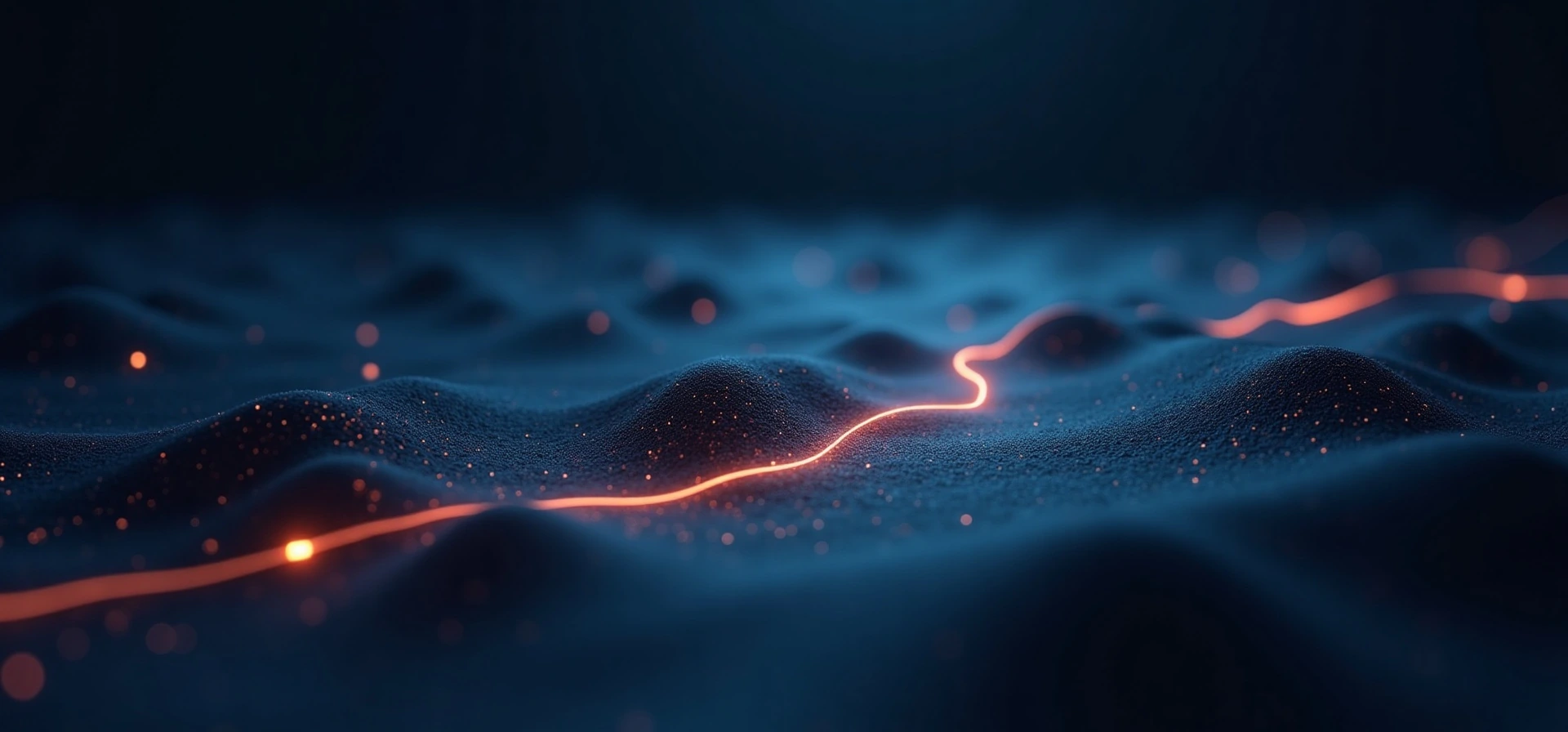 Abstract layered terrain in deep navy with a single orange thread tracing a path across it, representing one route through a complex skill landscape.