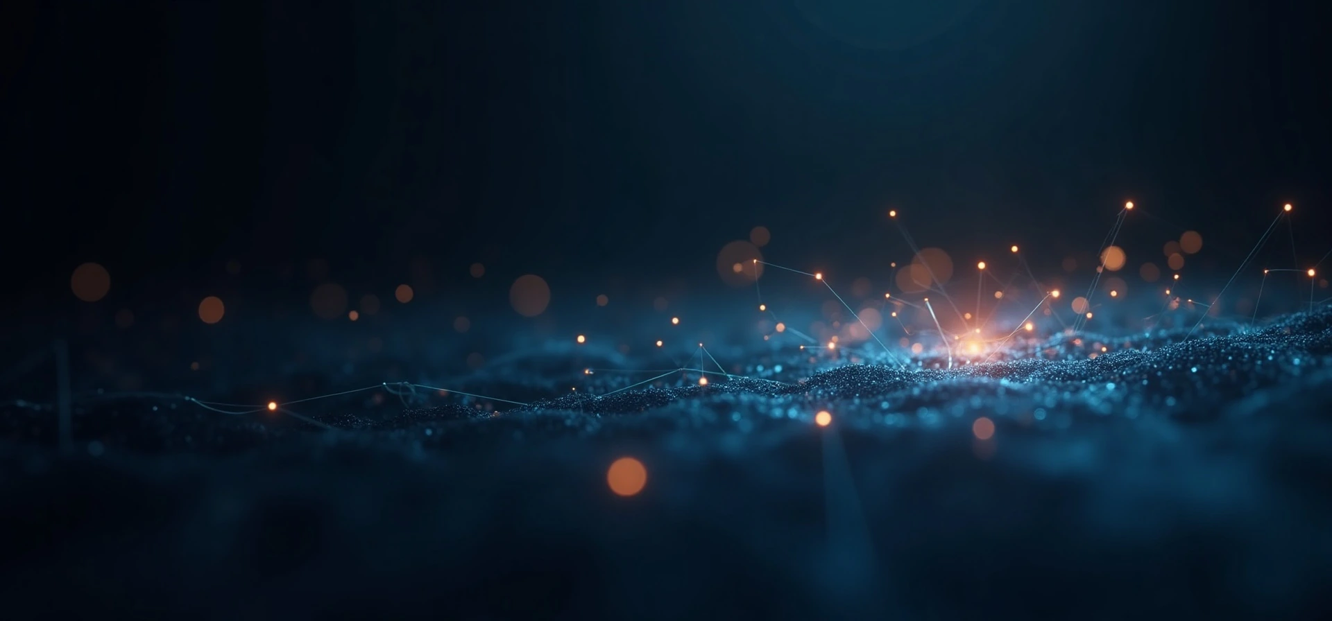 Sparse constellation of connected nodes emerging from darkness, with new points forming in warm orange at the edge of the network.